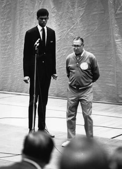 Kareem Abdul-Jabbar and Coach Wooden at UCLA in 1966. (AP)