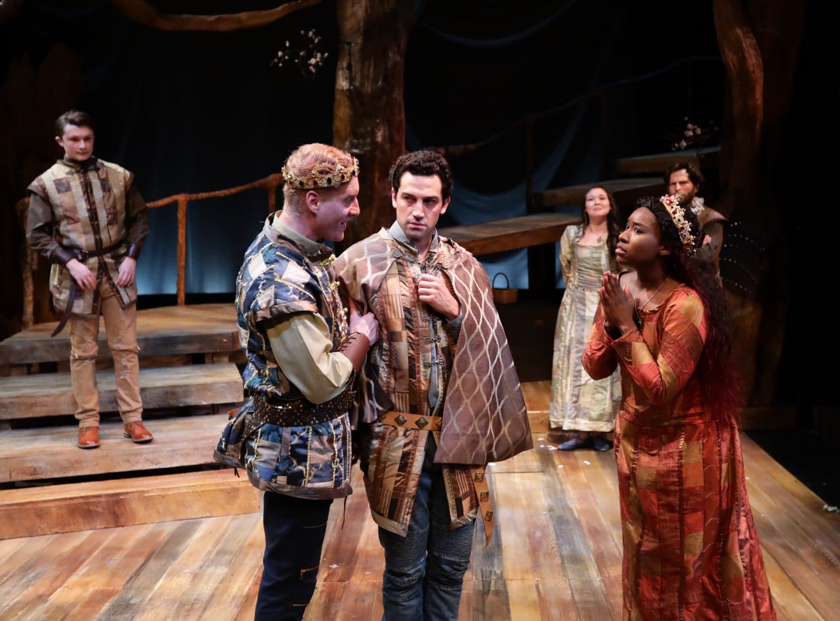 Ed Hoopman as King Arthur, Jared Troilo as Sir Lancelot and Maritza Bostic as Lady Guenevere in &quot;Camelot.&quot; (Courtesy Mark S. Howard/Lyric Stage)