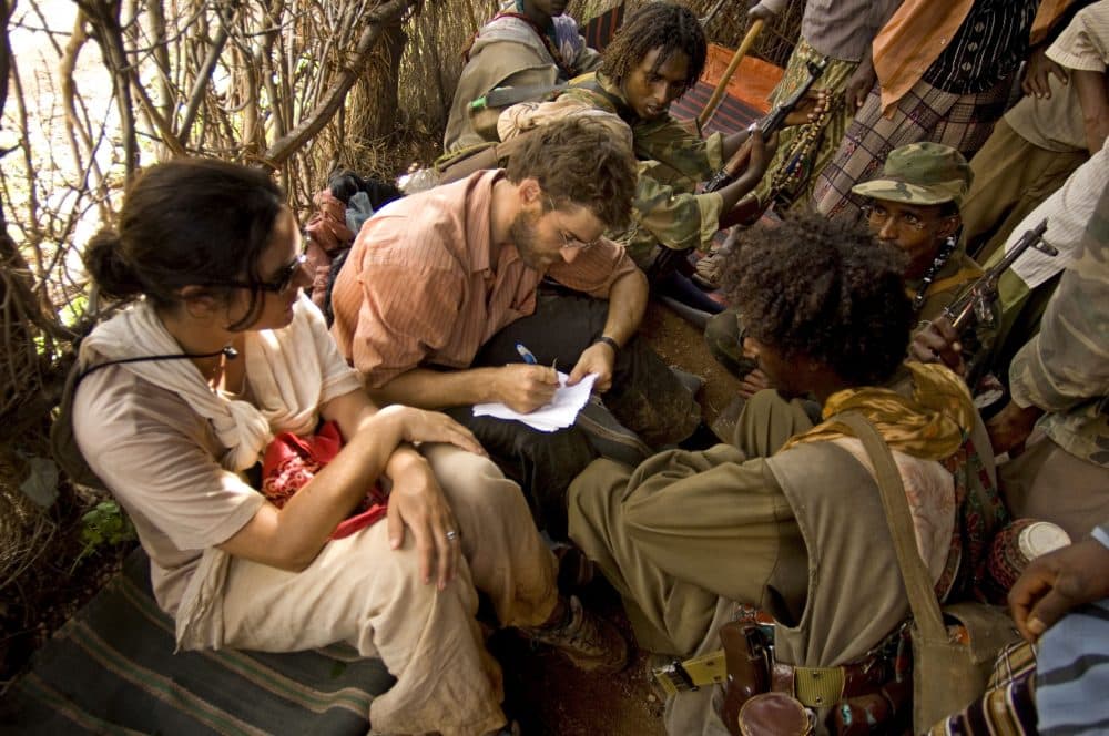 Gettleman interviewing Ethiopian rebels in the Ogaden Desert with Courtenay in 2007, before they were kidnapped by government forces. (Courtesy Jeffrey Gettleman)