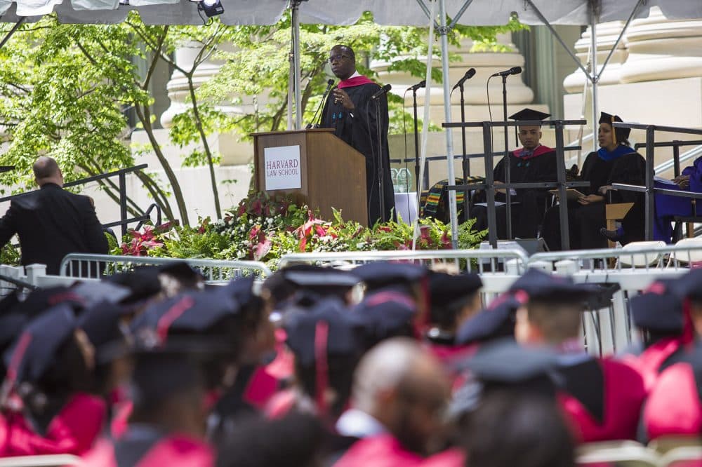 Duwain Pinder, who's from Columbus, Ohio, is getting a joint degree Thursday from the Kennedy School and Harvard Business School. He spoke during Tuesday's Black Commencement. (Jesse Costa/WBUR)