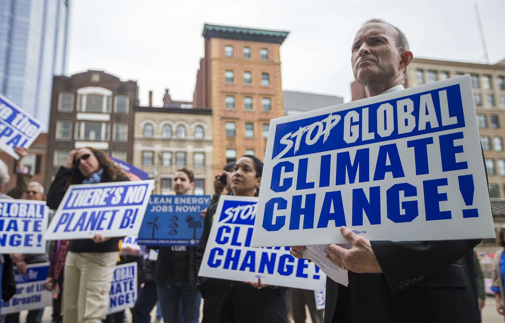 A group of about 50 workers from the Environmental Protection Agency in Boston and other supporters gathered at the Boston Common for a protest on May 24, 2017 . (Jesse Costa/WBUR)