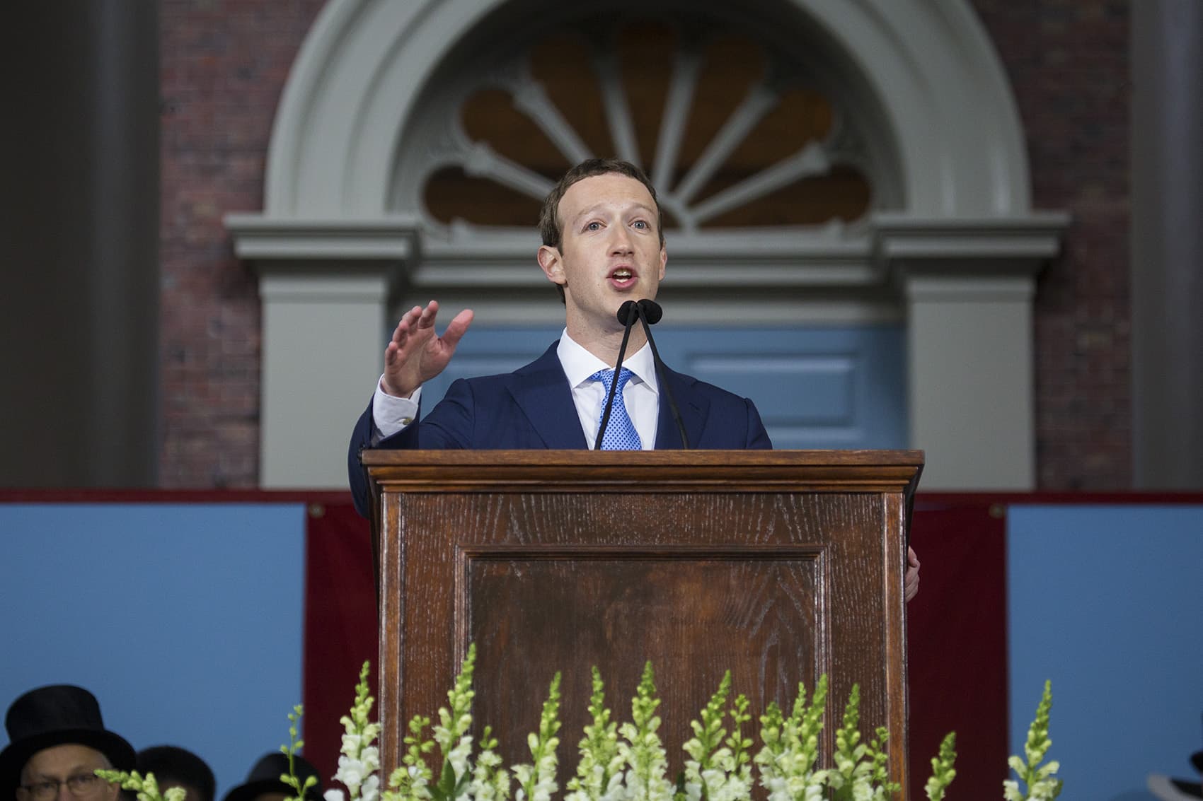 Facebook CEO Mark Zuckerberg spoke to Harvard graduates Thursday on what he's experienced on stops along his national &quot;listening tour.&quot; (Jesse Costa/WBUR)