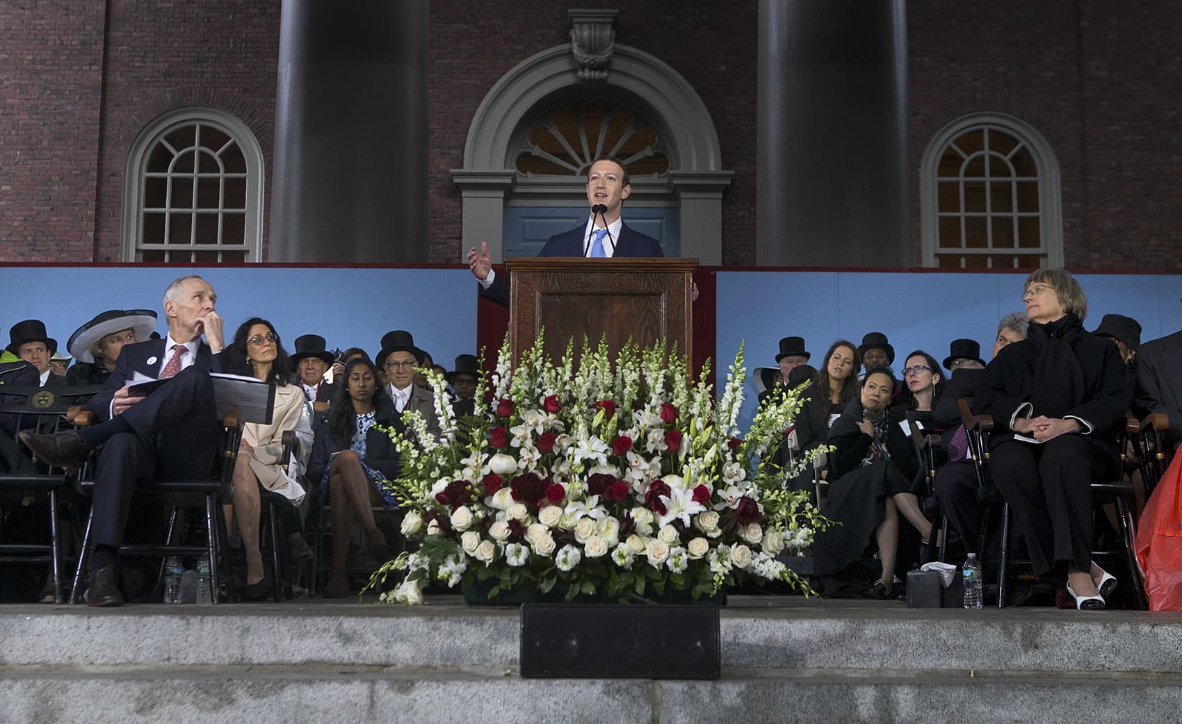 Facebook CEO Mark Zuckerberg gave Harvard's commencement address Thursday afternoon. Zuckerberg created the social media site in his Harvard dorm room in 2004. He dropped out in 2005 to further the company. (Jesse Costa/WBUR)