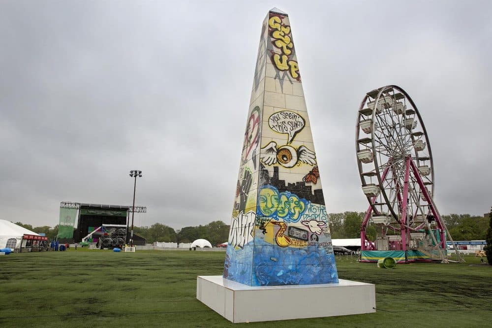 At Boston Calling, creators have set up a replica monument as well as a Ferris wheel near the main stage. (Robin Lubbock/WBUR)
