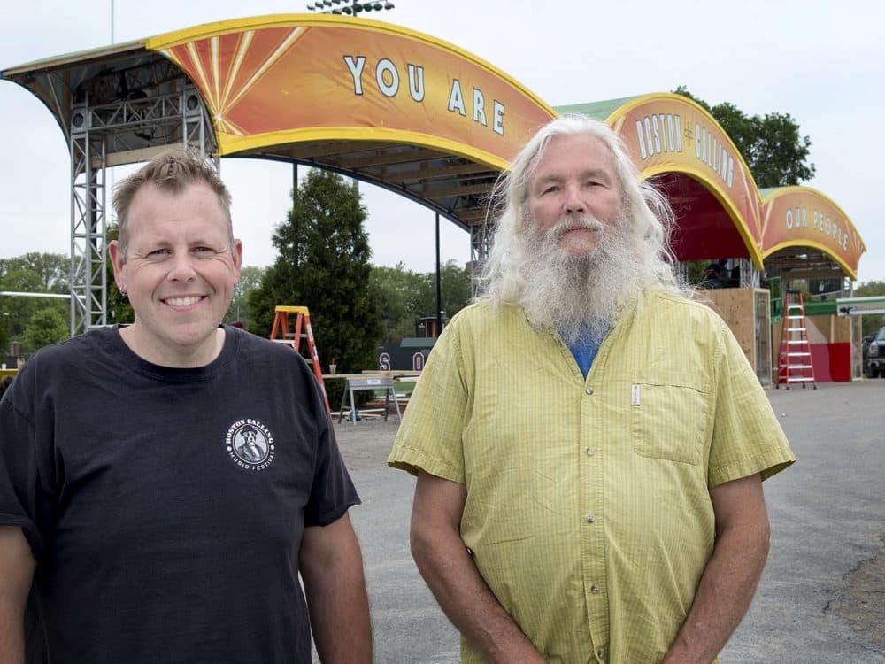 Boston Calling's Mike Snow and Russ Bennett at the entrance to the festival. (Andrea Shea/WBUR)