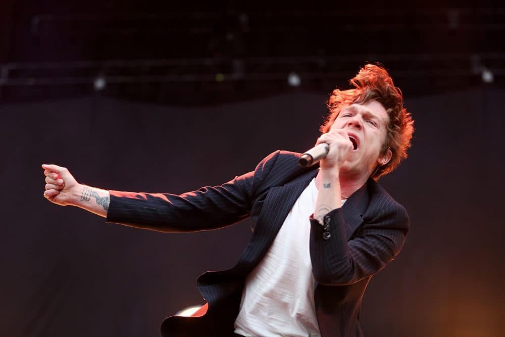 Matt Shultz of Cage the Elephant performs Sunday afternoon. (Hadley Green for WBUR)