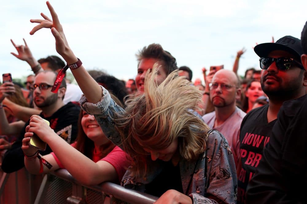The audience dances to Cage the Elephant on Sunday. (Hadley Green for WBUR)