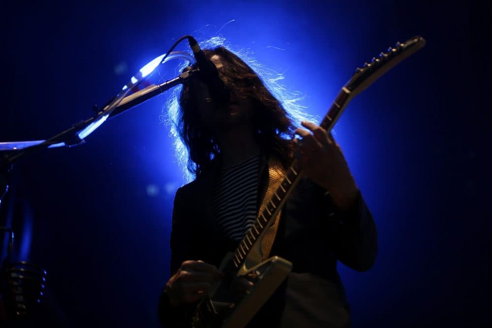 Guitarist Brian Bell, of Weezer, performs on Sunday. (Hadley Green for WBUR)