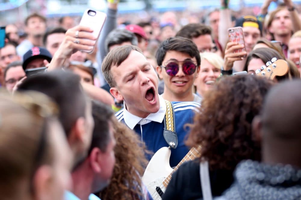 Cage the Elephant guitarist Brad Shultz leaps into the crowd. (Hadley Green for WBUR)