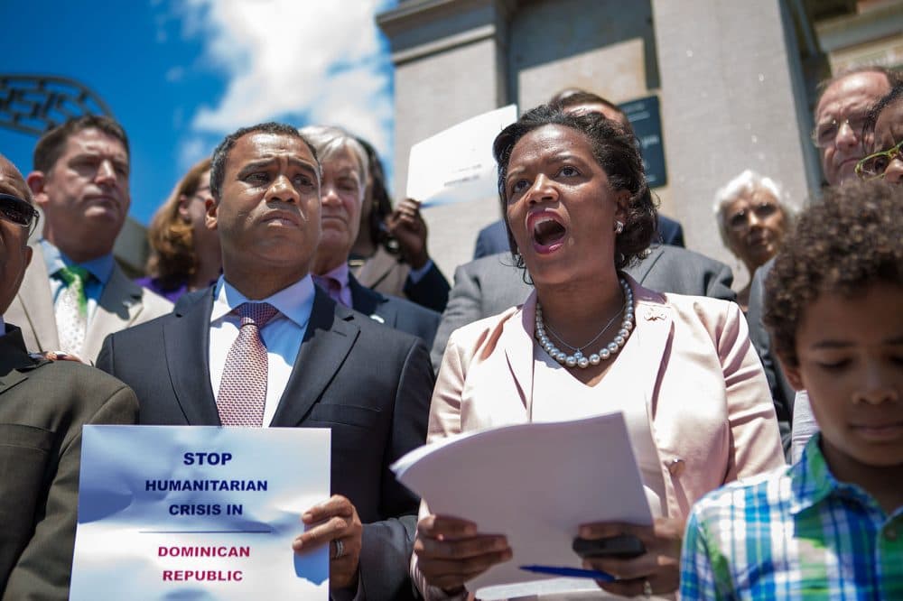 In this 2015 file photo, state Sen. Linda Dorcena Forry, a Haitian-American, speaks during a State House rally. (Jesse Costa/WBUR)