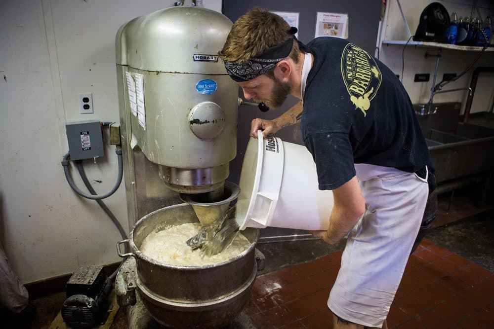 Rory Lee preps the muffin dough at Stone &amp; Skillet in 2015. (Jesse Costa/WBUR)