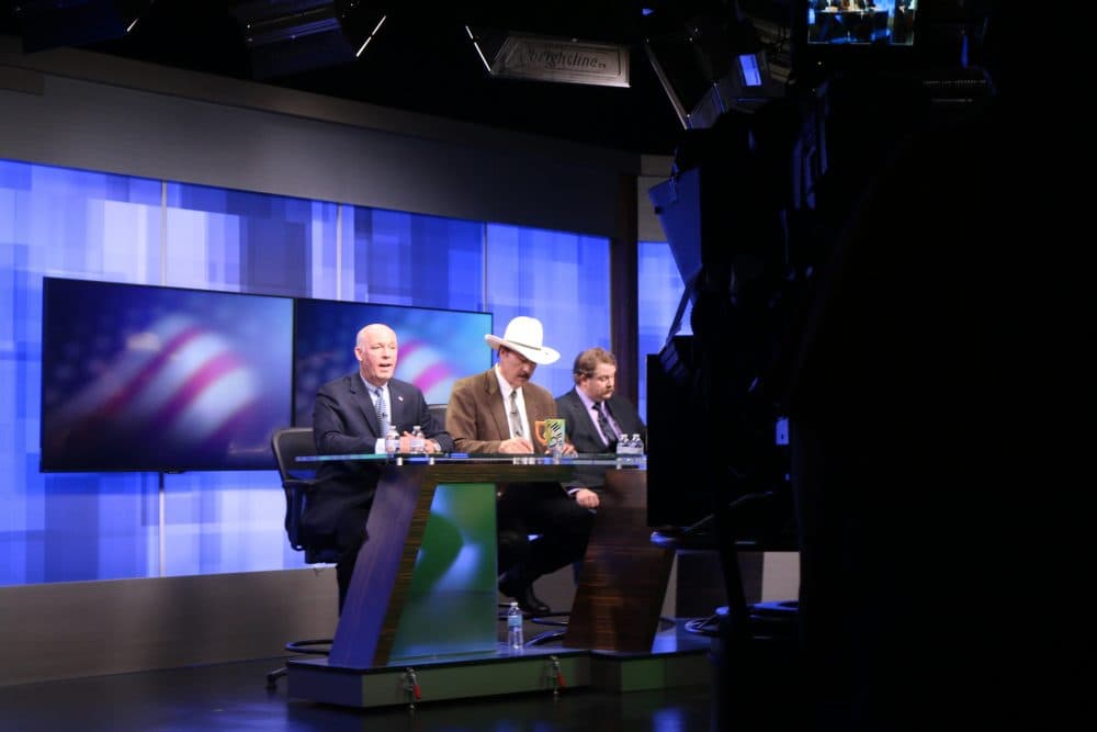 The three candidates, Republican Greg Gianforte, from left, Democrat Rob Quist and Libertarian Mark Wicks vying to fill Montana's only congressional seat take part in a televised debate ahead of the May 25 special election, Saturday, April 29, 2017, in Great Falls, Mont. (Bobby Caina Calvan/ AP)