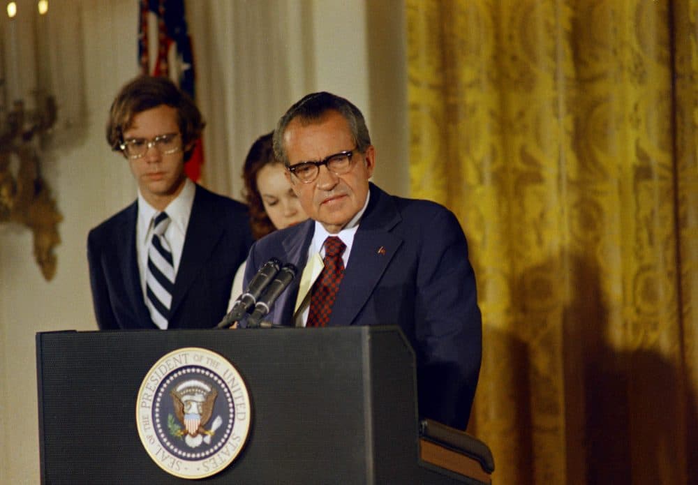 President Richard Nixon makes his farewell address to the White House staff, Aug. 9, 1974. (AP)