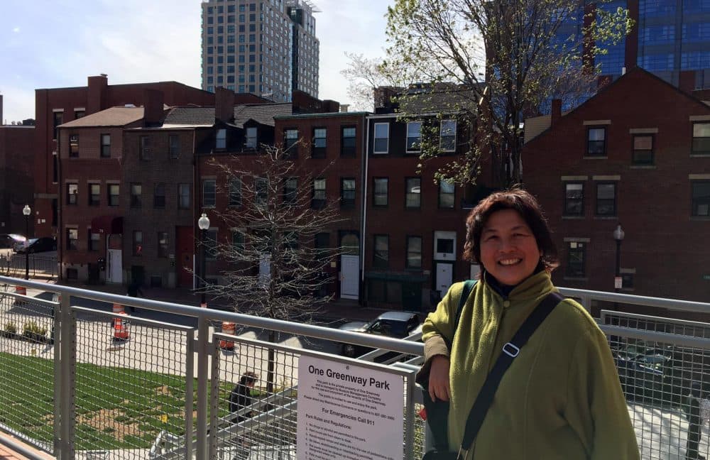 Writer and teacher Cynthia Yee overlooks Hudson Street, where she grew up, behind where the Pao Arts Center now exists. (Max Larkin/WBUR)