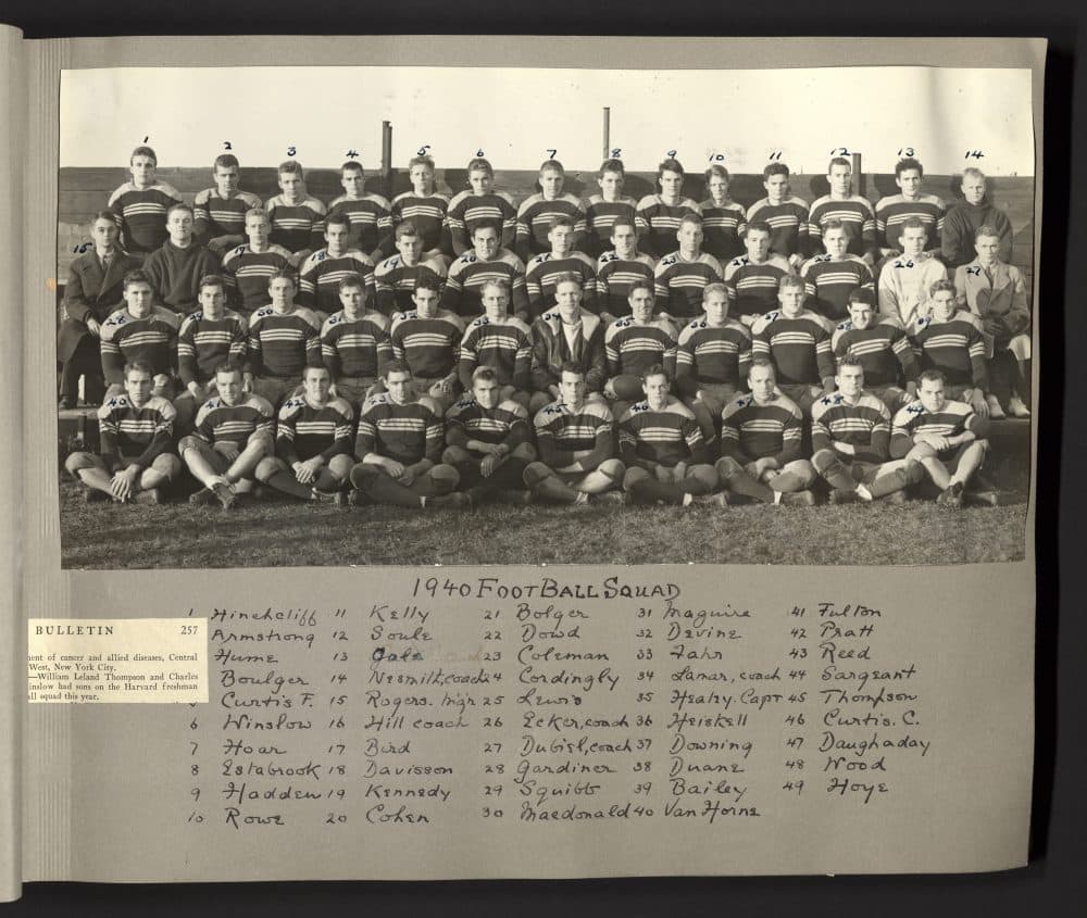 The 1940 Harvard football team John F. Kennedy played on. Kennedy is No. 19, fifth from left in the second row from the back. (Harvard Archives)