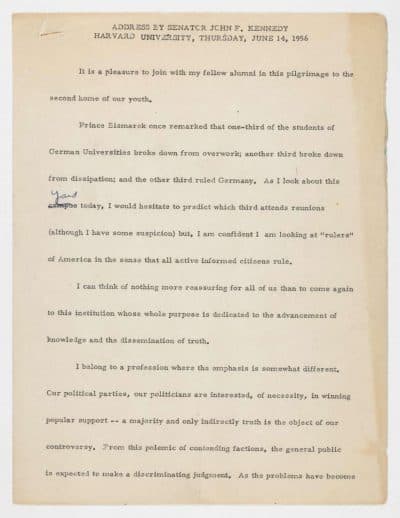 In 1956, John F. Kennedy delivered the commencement address at Harvard. This is the copy of the speech Kennedy had with him at the podium, annotated by him with a fountain pen. (Harvard Archives)
