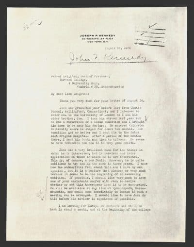 The first page of a letter from John F. Kennedy’s father, Joseph P. Kennedy, to Harvard Dean of Freshmen Delmar Leighton, acknowledging that his son is not an outstanding student. (Kennedy Library)