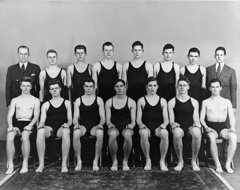 A Harvard swim team photo from approximately 1936. John F. Kennedy is third from left in back row. (John F. Kennedy Presidential Library)