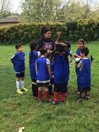 Shauntel and members of the Sacramento street soccer youth team. (Courtesy of Lisa Wrightsman)