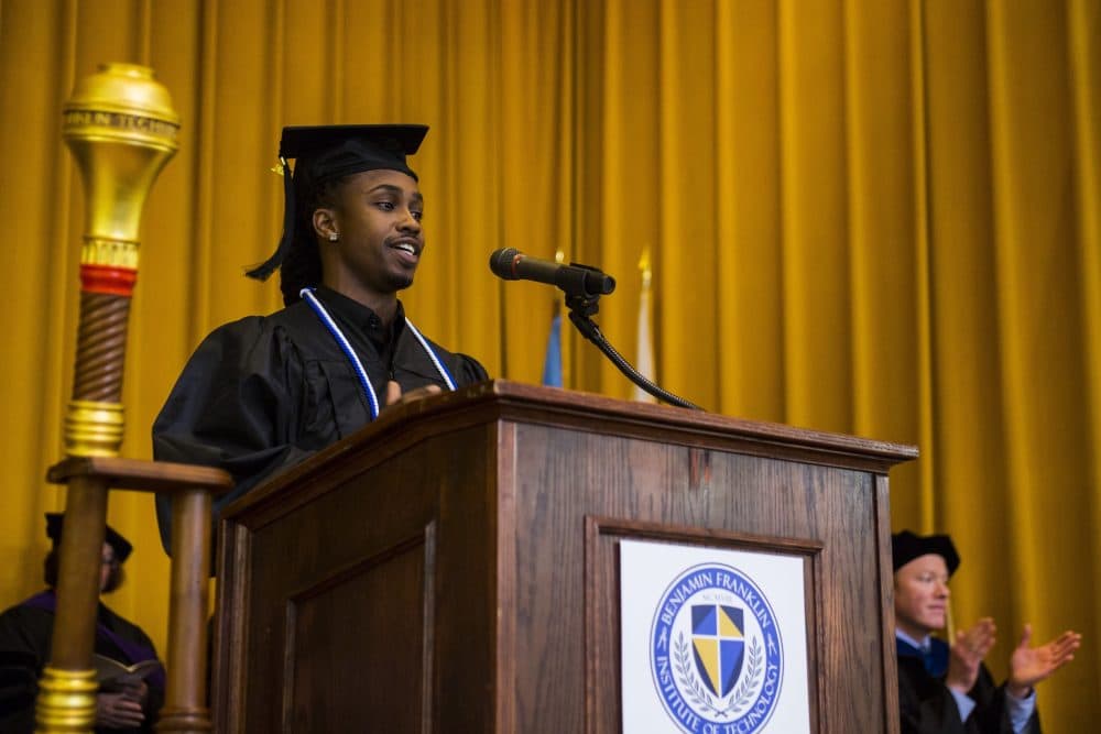 Gathers delivering the commencement address at the Benjamin Franklin Institute of Technology in May 2017. (Courtesy BFIT)