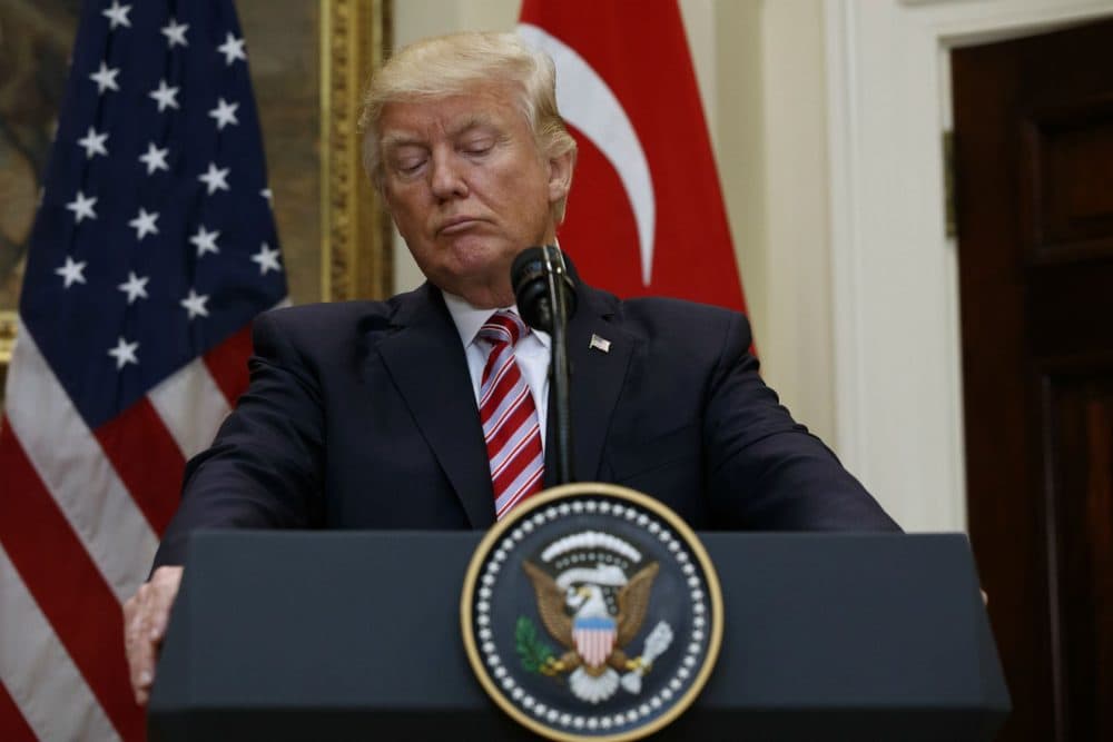 What would Ma think of the bully-in-chief? Most of the words are unprintable, but the loudest is “gavone,” the dialect version of “cafone,” writes Marianne Leone. Pictured: President Donald Trump listens as Turkish President Recep Tayyip Erdogan speaks in the Roosevelt Room of the White House, Tuesday, May 16, 2017, in Washington. (Evan Vucci/AP)