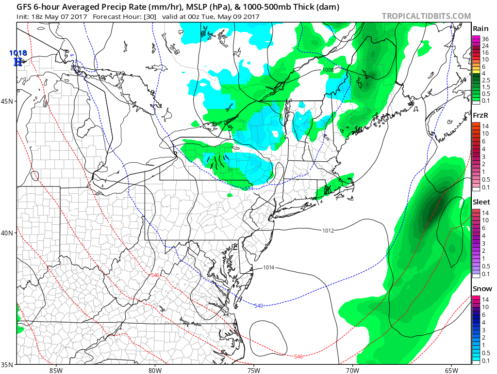 The weather map for early this week has some snow for the higher elevations (Courtesy Tropical Tidbits)