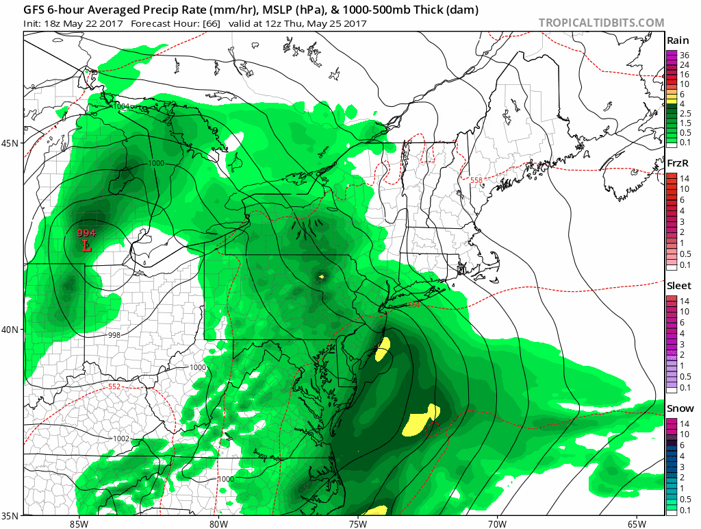 A period of rain is likely later  Thursday into Friday. (Courtesy Tropical Tidbits)