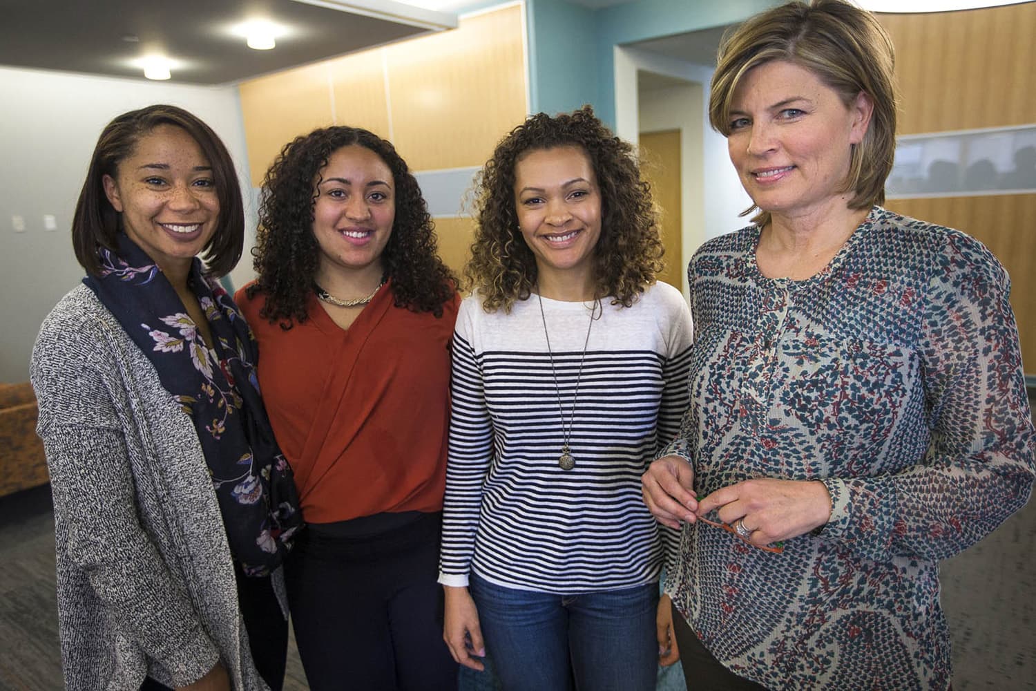 (L-R) Kristin Turner, Courtney A. Woods, Sarah J. Jackson and Jane Clayson at the WBUR studios. (Jesse Costa/WBUR)