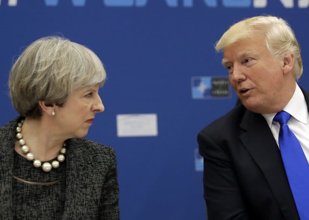 Tom Keane: "Trump’s trip abroad couldn’t have come at a better time." President Donald Trump speaks to British Prime Minister Theresa May during in a working dinner meeting at the NATO headquarters in Brussels on Thursday, May 25, 2017. (Matt Dunham, Pool/AP)