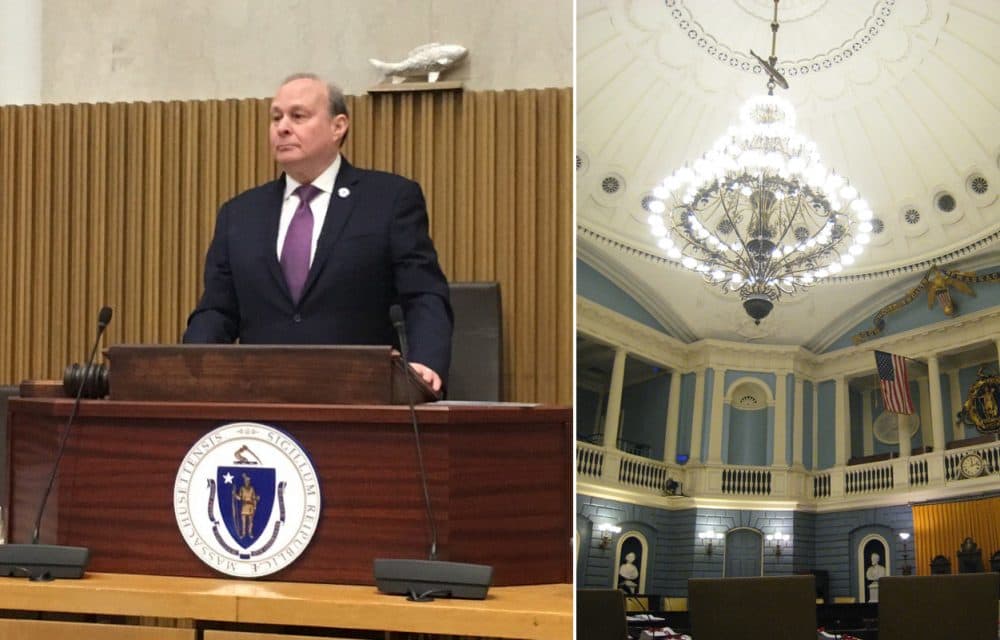 The Senate even brought with it a temporary version (left) of the &quot;Holy Mackerel&quot; that hangs above the chandelier in the Senate Chamber (right). The &quot;Holy Mackerel&quot; is the answer to the House chamber's &quot;Sacred Cod.&quot; The icons are meant to represent the importance of the state's fishing industry. (Left: Steve Brown/WBUR Right: Logan Ingalls/Flickr)