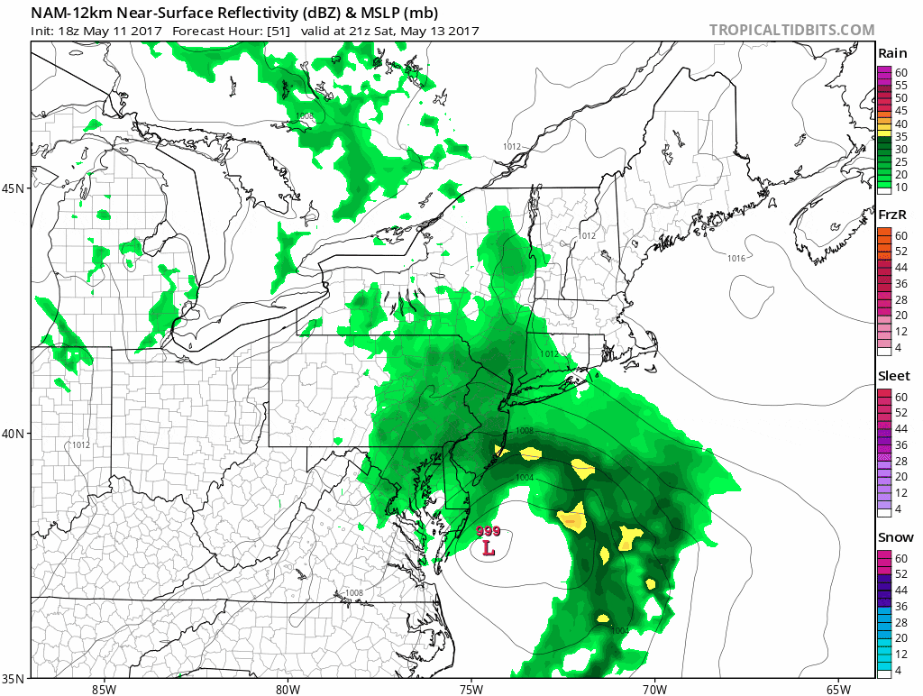 A strong May storm will move up along the coastline this weekend. (Courtesy WeatherBell)
