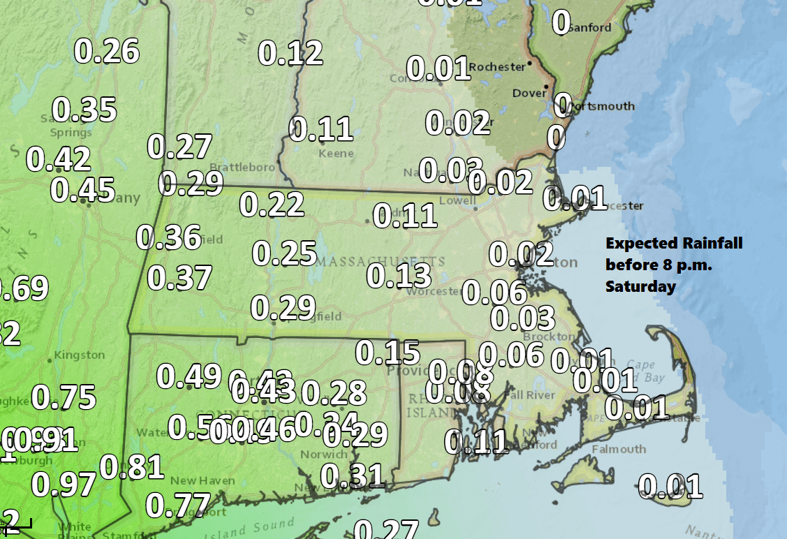 Nearly all the rain from the upcoming storm comes Saturday night and Sunday morning. (Dave Epstein/WBUR)