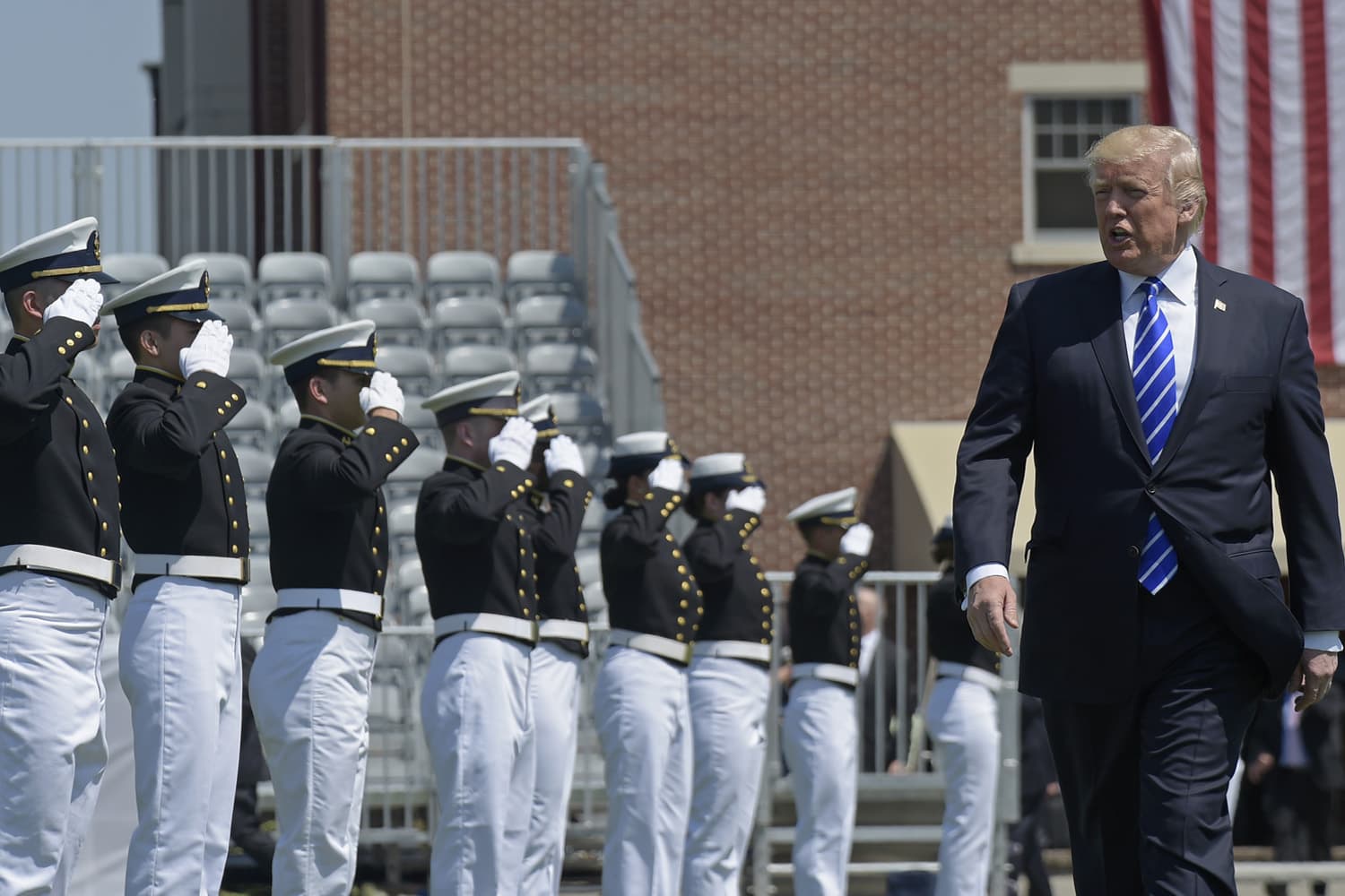 President Donald Trump arrives to give the commencement address at the U.S. Coast Guard Academy in New London, Conn. (Susan Walsh/AP)