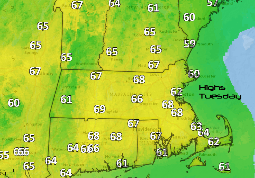 Highs this afternoon will be 8-12 degrees warmer than Monday. (Dave Epstein/WBUR)