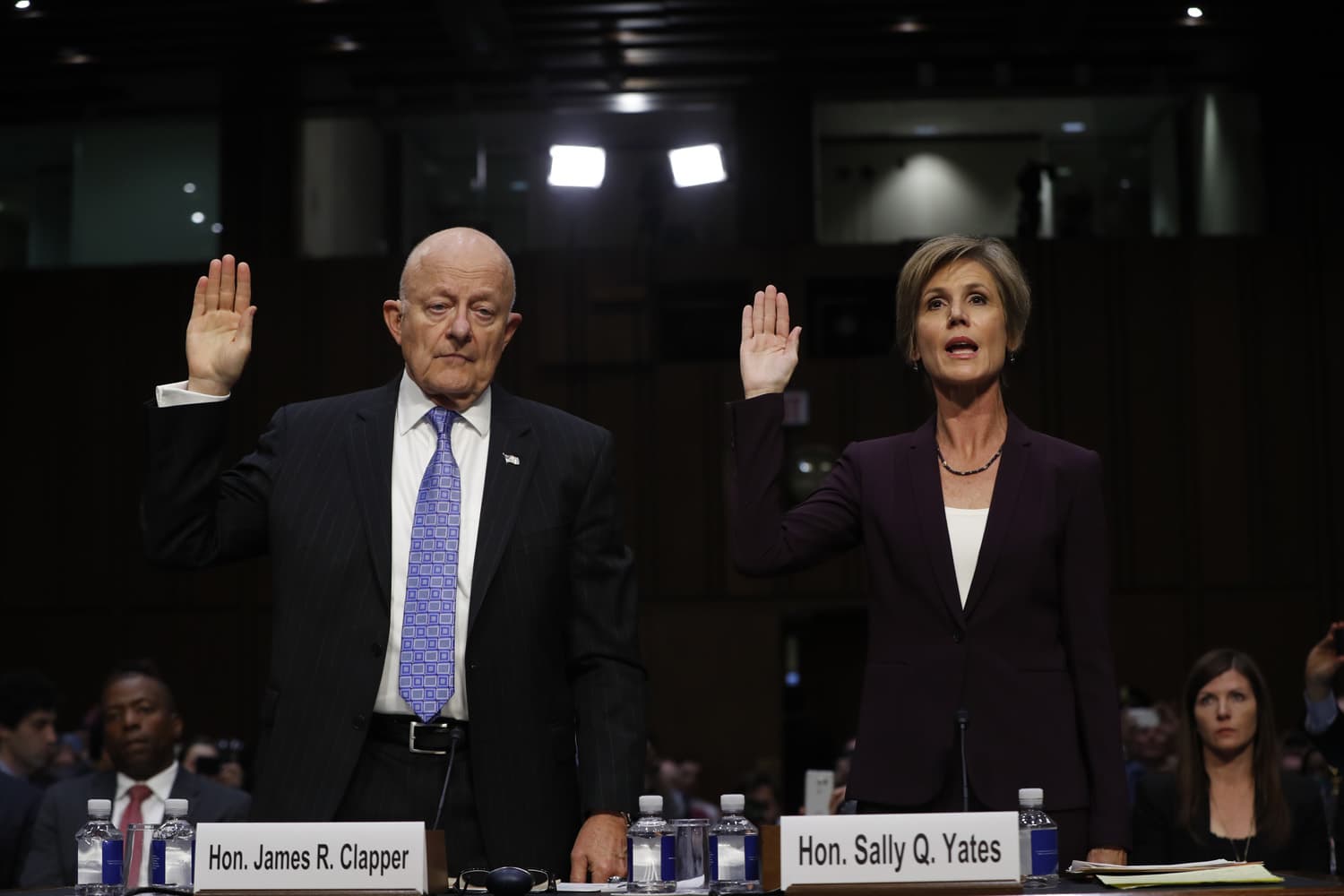Former acting Attorney General Sally Yates and former National Intelligence Director James Clapper are sworn-in on Capitol Hill in Washington. (Pablo Martinez Monsivais/AP)