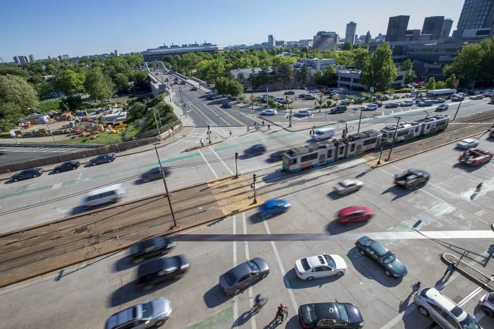 The Commonwealth Ave. Bridge, which spans the Mass. Pike and intersects with the Boston University Bridge and Essex Street. (Jesse Costa/WBUR)