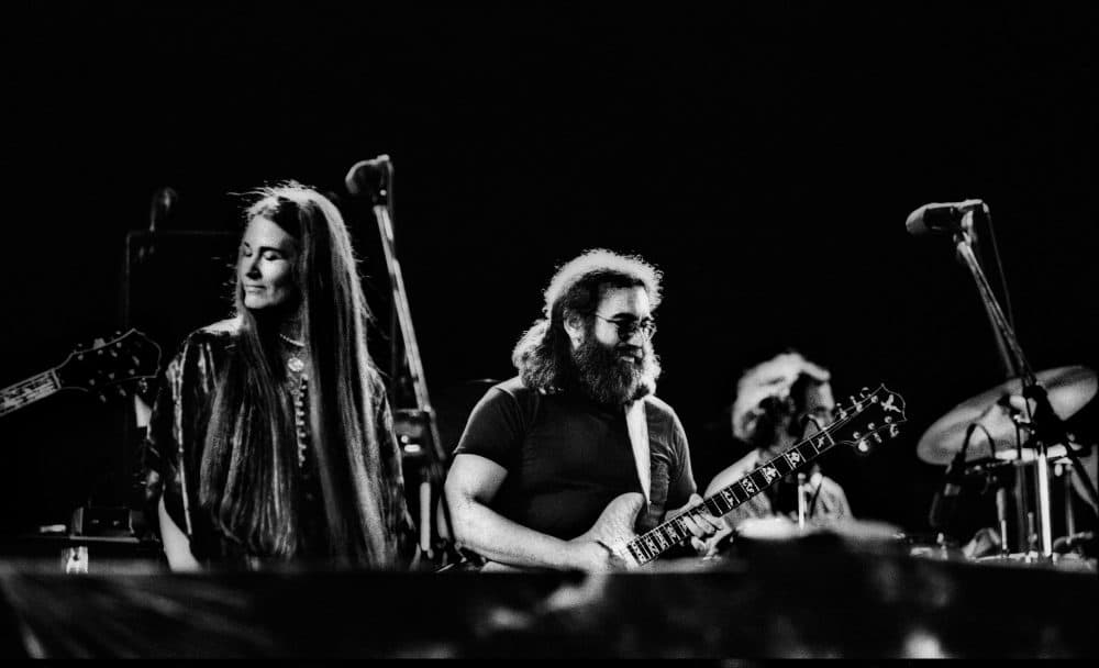 The Grateful Dead performing in Egypt 1978. Left to right: Donna Jean Godchaux, Jerry Garcia and Bill Kreutzmann. (Courtesy Amazon Prime Video)