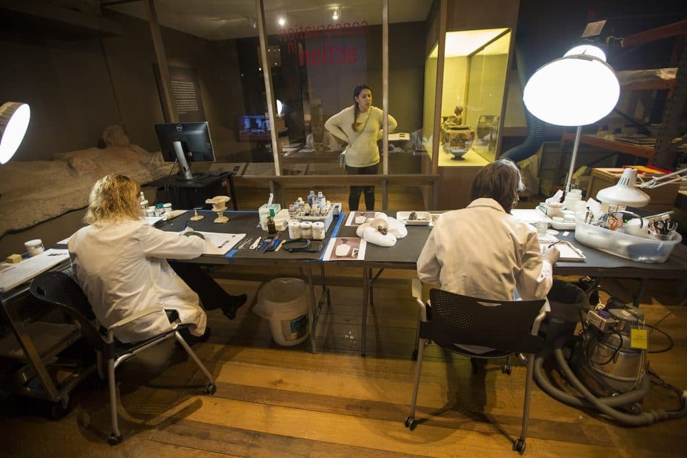 Patrons of the museum can watch the conservation team restore pieces of the MFA's collection. (Jesse Costa/WBUR)