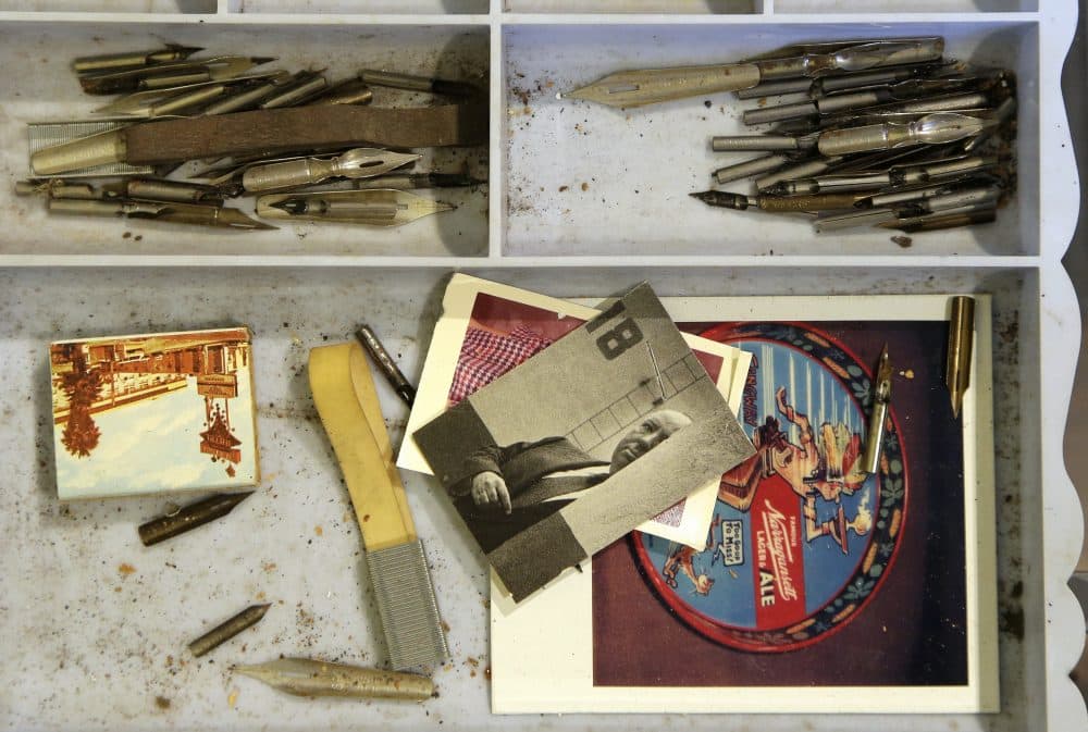 A tray of pen nibs and memorabilia once belonging to author and artist Theodor Seuss Geisel, also known by his pen name Dr. Seuss. (Steven Senne/AP)