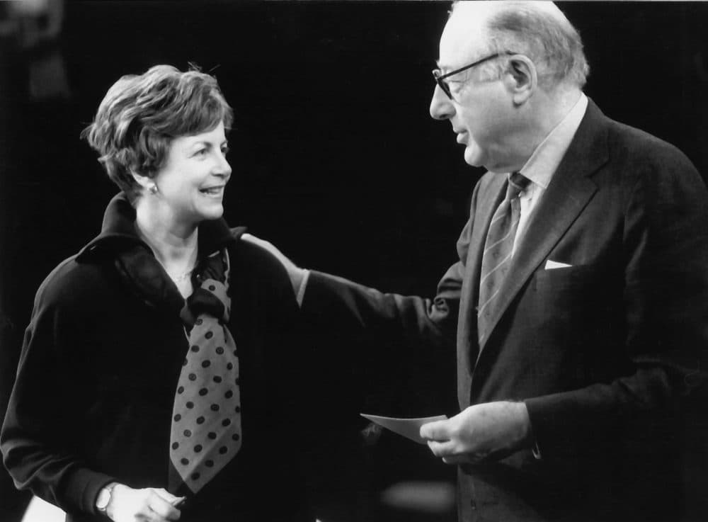 Terry Ann Knopf speaks with former CBS News president Fred Friendly in this file photo. (Courtesy Patriot Ledger)