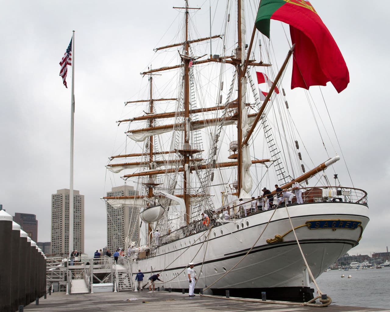 Portugal's Sagres docked at the Fan Pier Marina in Boston in 2015. (Hadley Green for WBUR)