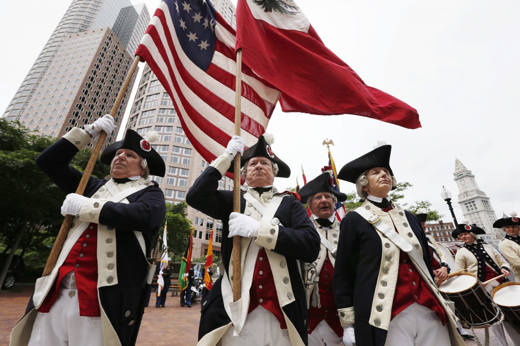 The Middlesex County Volunteers prepare to march during ceremonies for the Sail Boston tall ships event on Friday, June 16, 2017, in Boston. (Michael Dwyer/AP)