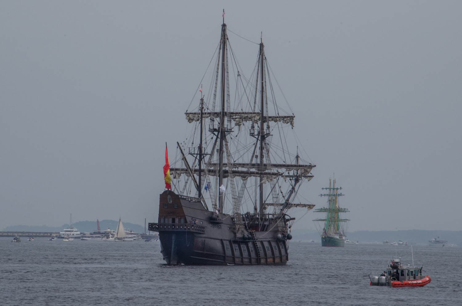 The Spanish tall ship El Galeon in Boston Harbor Saturday. The ship is a replica of a 17th century Spanish Galleon. (Sharon Brody/WBUR)