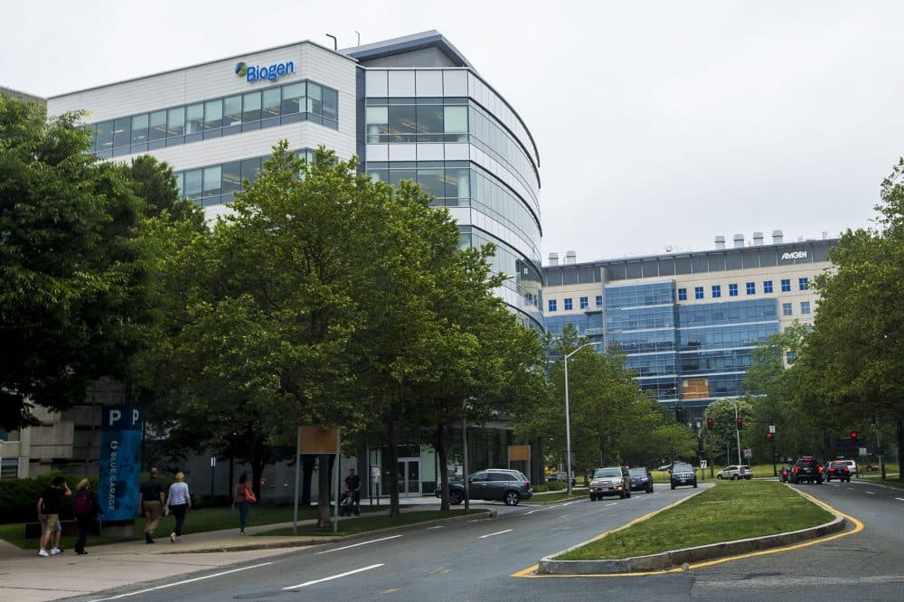 Biogen and Amgen are two of the many biotech companies in and around Kendall Square (Jesse Costa/WBUR)