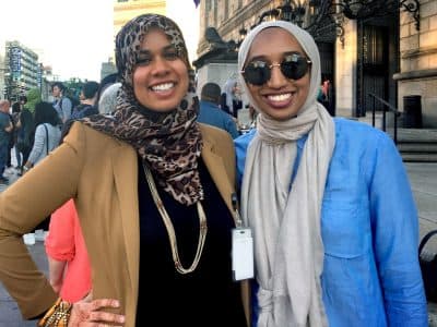 Nouran Shehata, left, and Tahirah Dean say recent violence against Muslims has them concerned and taking precautions, but that it won't prevent them from attending daily prayers. (Shannon Dooling/WBUR)