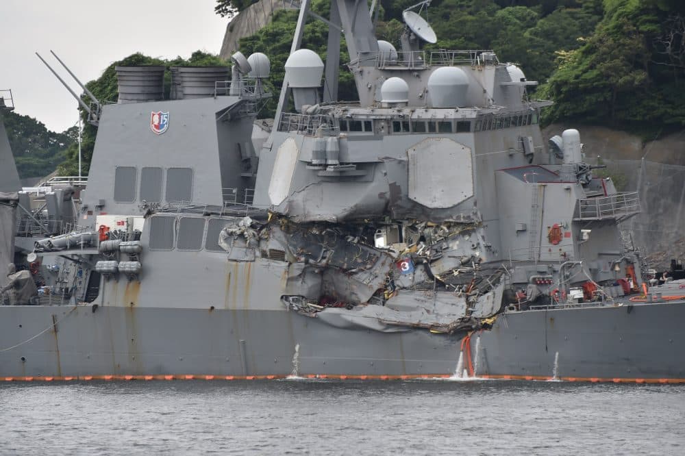 Damage is seen on the guided missile destroyer USS Fitzgerald at its mother port in Yokosuka, southwest of Tokyo on June 18, 2017. (Kazuhiro Nogi/AFP/Getty Images)