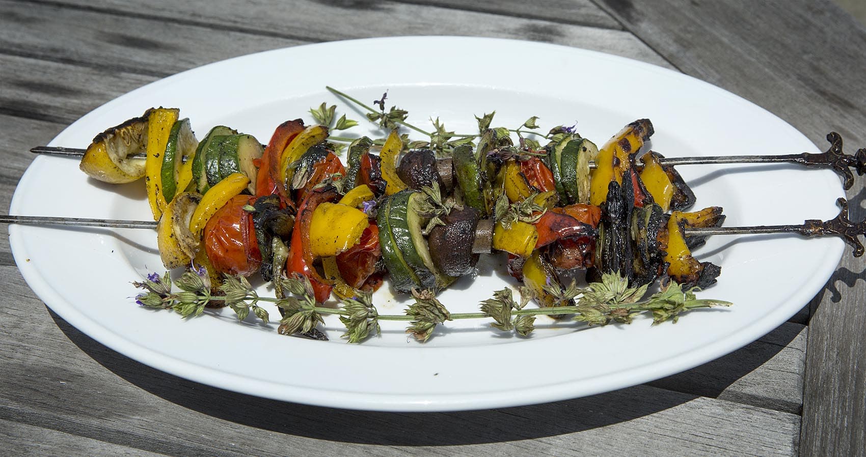 Kathy's grilled vegetable kebabs with chimichurri sauce. (Robin Lubbock/WBUR)
