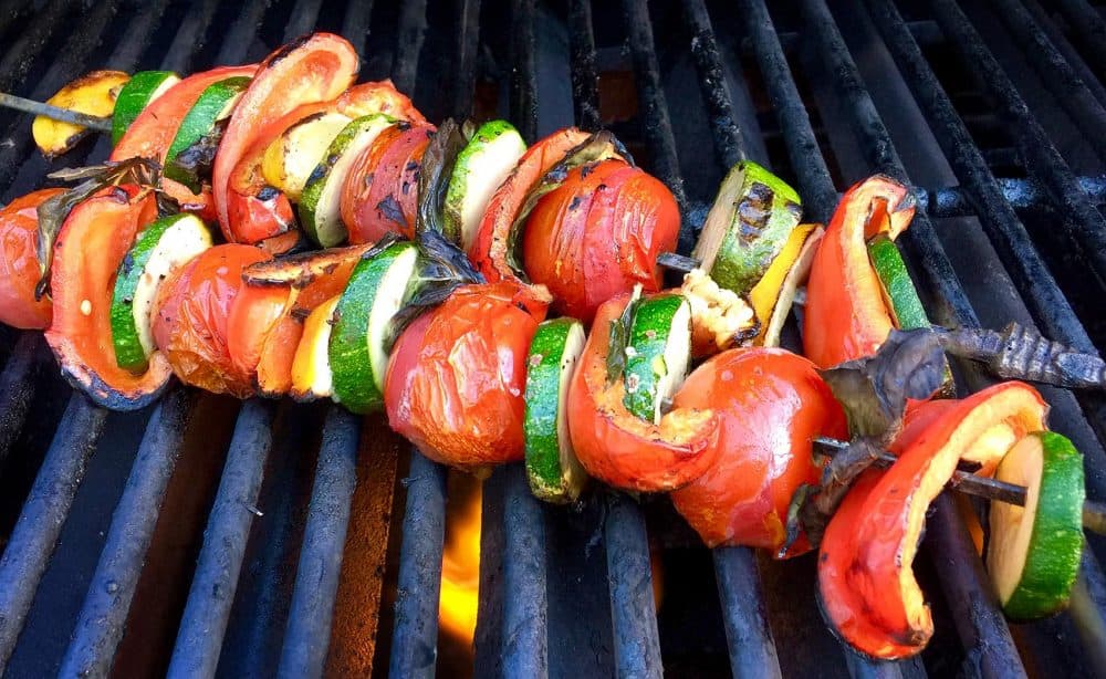 Kathy's vegetable kebabs on the grill. (Kathy Gunst for Here &amp;amp; Now)