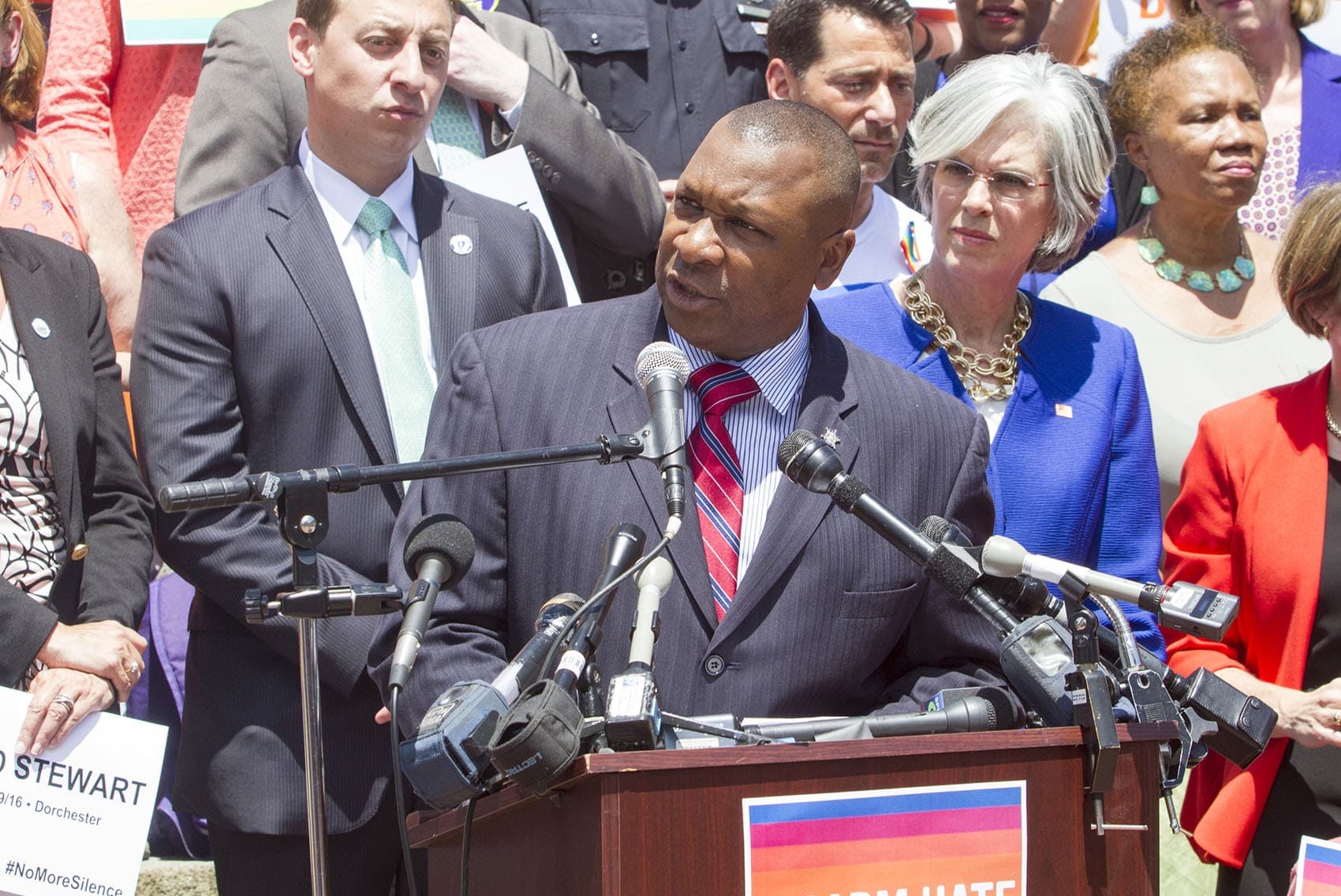 Suffolk County Sheriff Steve Tompkins speaks at a State House rally in 2016. (Joe Difazio for WBUR)