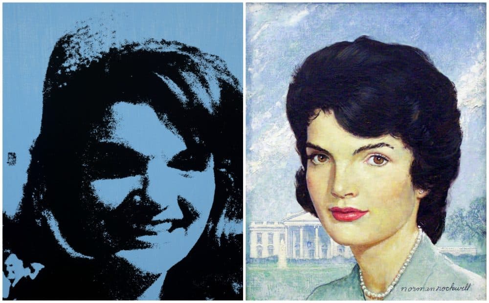 Andy Warhol's silkscreen of &quot;Jackie, 1964,&quot; next to Norman Rockwell's oil portrait of Jackie Kennedy in 1963. (Courtesy Andy Warhol Foundation for the Visual Arts and the Collection of Mica and Richard Hadar)